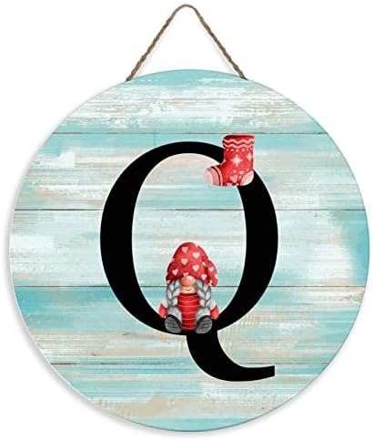 Monogram İlk Q Raf Dekor Işaretleri Komik Yuvarlak Ahşap Işareti Plak Özel Kırmızı Mektup Noel Gnome Duvar Sanatı