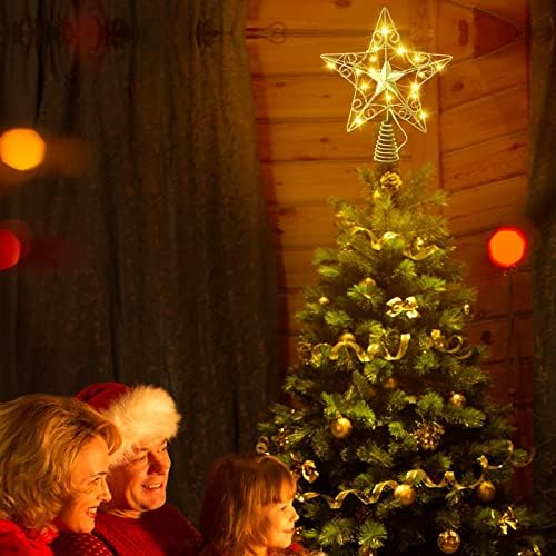 Noel yıldız ağacı Topper süs Glitter ağacı Topper ile 20 LED ışıkları Noel ağacı Topper reflektör yıldız Treetop ışıklı