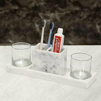 Crysdaralovebı Banyo Kiti Mermer Desen Elektrikli Diş Fırçası Tutucu Banyo Seti Tepsi Cam diş fırçası kabı Sabun Kutusu