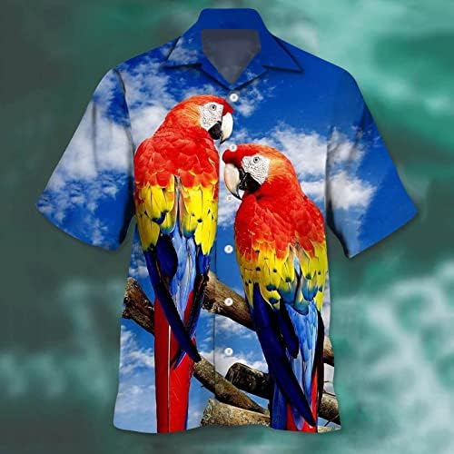 2023 Yeni erkek İlkbahar / Yaz Moda Rahat Papağan Baskı Parti Plaj Gevşek Baskı Kısa Kollu Gömlek V Boyun Gömlek