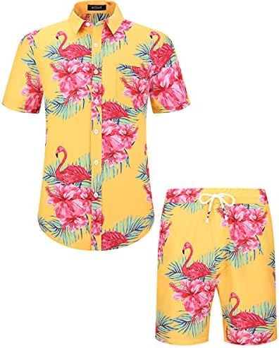 MCEDAR erkek Casual Düğme Aşağı Kısa Kollu havai gömleği Takım Elbise Fit Plaj Çiçek 2 Parça Tatil Kıyafetler Setleri