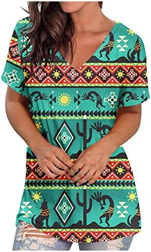 Kadın Batı Tribal Etnik Gömlek Aztek Baskı Rahat V Yaka Üstleri Vintage Grafik Bluz Tunik Gevşek Moda Tees