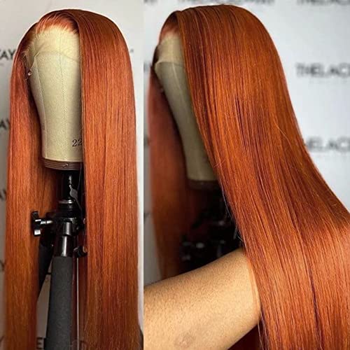 QMSSR Zencefil Turuncu Renk Uzun Düz Saç sırma ön peruk Bakır kızıl saç Tutkalsız Sentetik sırma ön peruk Kadınlar