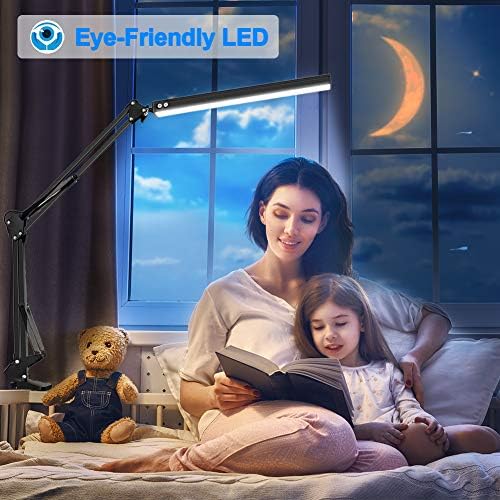 HaFundy LED Masa Lambası, Kelepçeli Ayarlanabilir Göz Bakımı Masa Lambası, Salıncak Kolu Lambası 3 Renk Modu,Hafıza