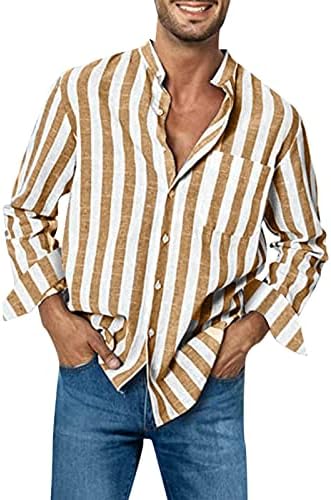Yaz Plaj Gömlek Erkekler için Erkek Moda Rahat Çizgili Toka Yaka Cep Uzun Kollu Gömlek Üst Şık Gömlek
