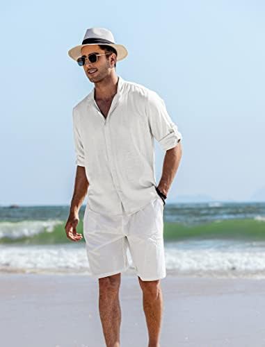 COOFANDY Erkek Keten Gömlek Casual Düğme Aşağı Gömlek Hafif 3/4 Kollu Yaz Plaj Üstleri
