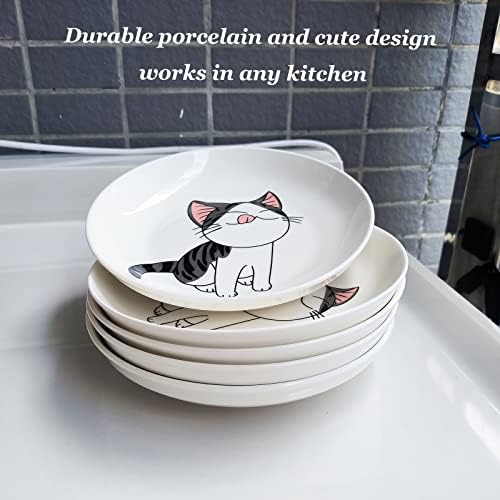 Sevimli kedi tasarımı ile 5 seramik tabak seti, 7.28 inç Büyük tatlı salata Porselen yemek tabakları, biftek, makarna,