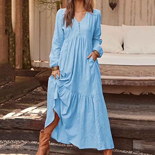 ıCODOD Elbise kadın 2023 Bahar Düğmesi Pamuk Retro Rahat V Boyun Uzun Kollu Elbiseler Kadınlar için Cepli
