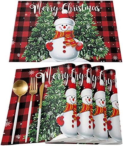 Yemek Masası için Noel Kardan Adam Placemats 4'lü Set Noel Ağacı ile Mutlu Noeller Sevimli Kardan Adam Kırmızı ve