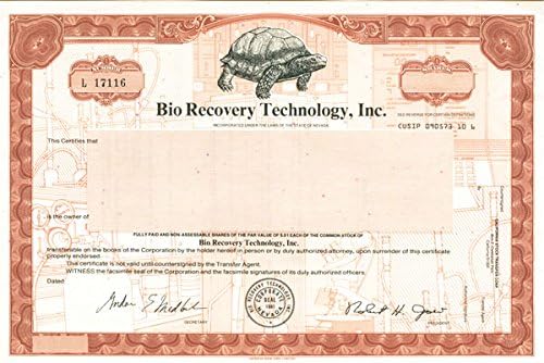 Bio Recovery Technology, Inc - Stok Sertifikası