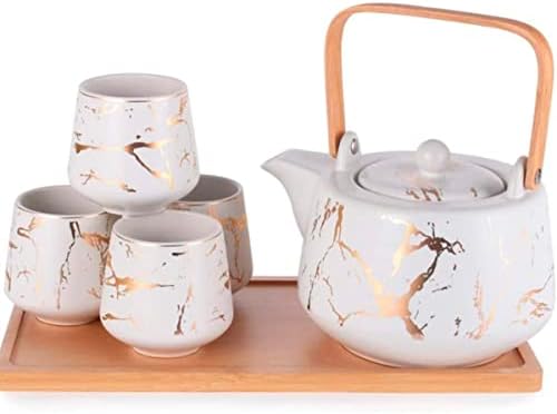 Japon Modern Tarzı Mermer Tasarım Porselen Çay Seti 42 floz Çaydanlık Saplı ve Ahşap Tepside 4 Çay Bardağı Çağdaş