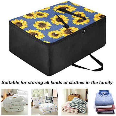 N / A Yatak Altı Büyük Kapasiteli saklama çantası-Sarı Ayçiçeği Mavi Desen Yorgan Giyim Organizatör Dekorasyon Bagaj