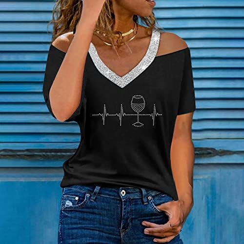 Üst Tshirt Kadınlar için Soğuk Omuz Kısa Kollu %2023 Pamuk V Boyun Grafik Yıldız Kalp Aşk Taklidi T Shirt TQ