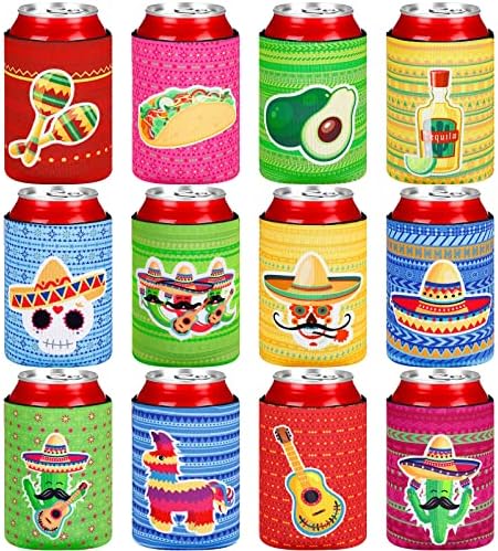 12 Adet Meksika Fiesta Can Soğutucu Kollu 12 oz Yalıtımlı Neopren Soda Bira İçecekler Kaktüs Meksika Parti Süslemeleri