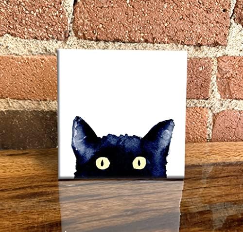 Siyah Kedi Yüzü Suluboya Sanatı Dekoratif Karo (6 X 6 Çerçeveli)