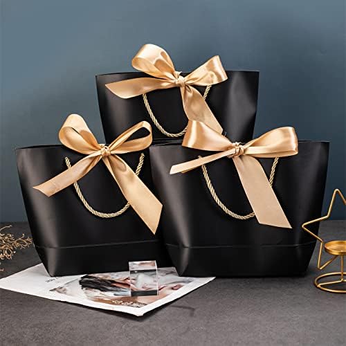 WLUSEAXI 12 Paketi Siyah hediye keseleri, Kolları ile Küçük Hediye keseleri Parti Favor Çanta ile Altın Yay Şerit,